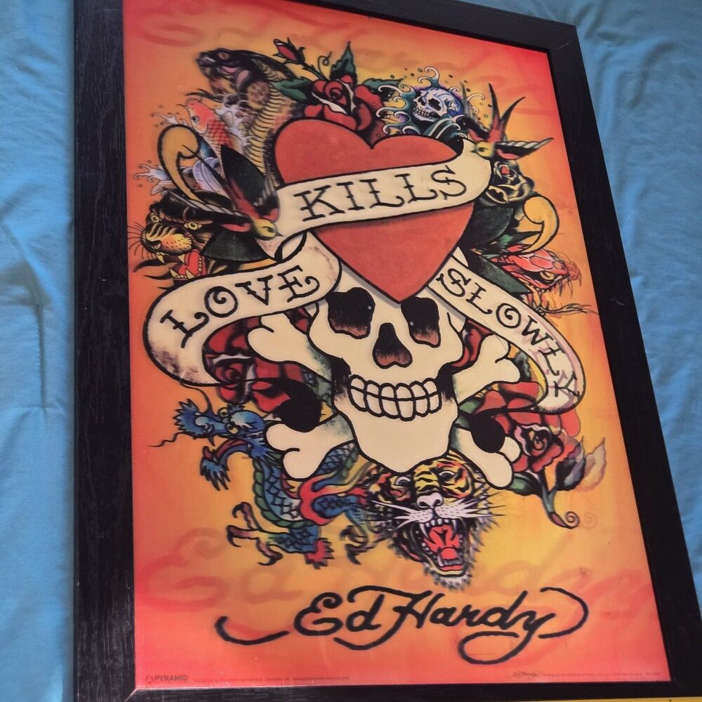 Ed Hardy Love Kills Slowly Framed Art Print Skull Tattoo Pyramid 24x18 - Picture 8 of 9